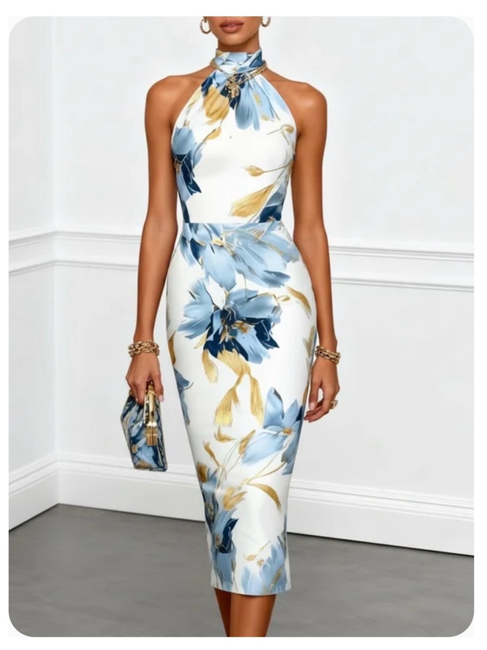 Floral Halter Sheath Dress in White and Blue
